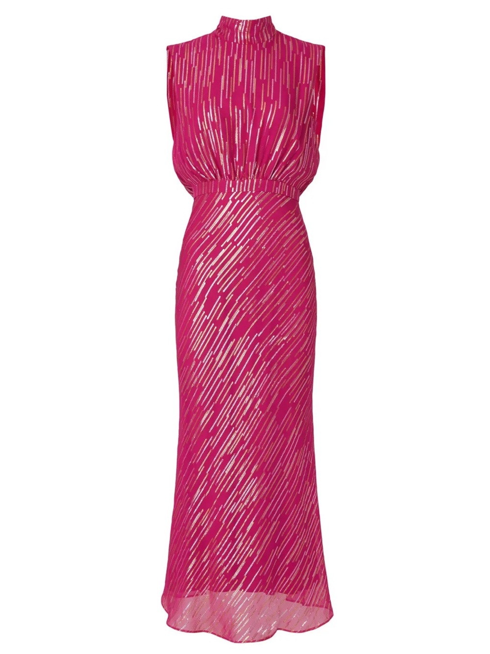 SALONI Fleur Magenta Metallic Mock Neck Open Back Midi Designer Silk Dress 10